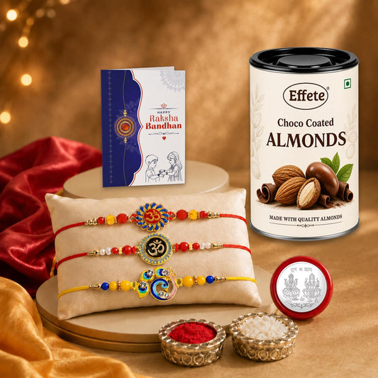Om, Bird, Om Rakhi Combo - Raksha Bandhan Gift with Choco Almonds 96gm, Pack of 7