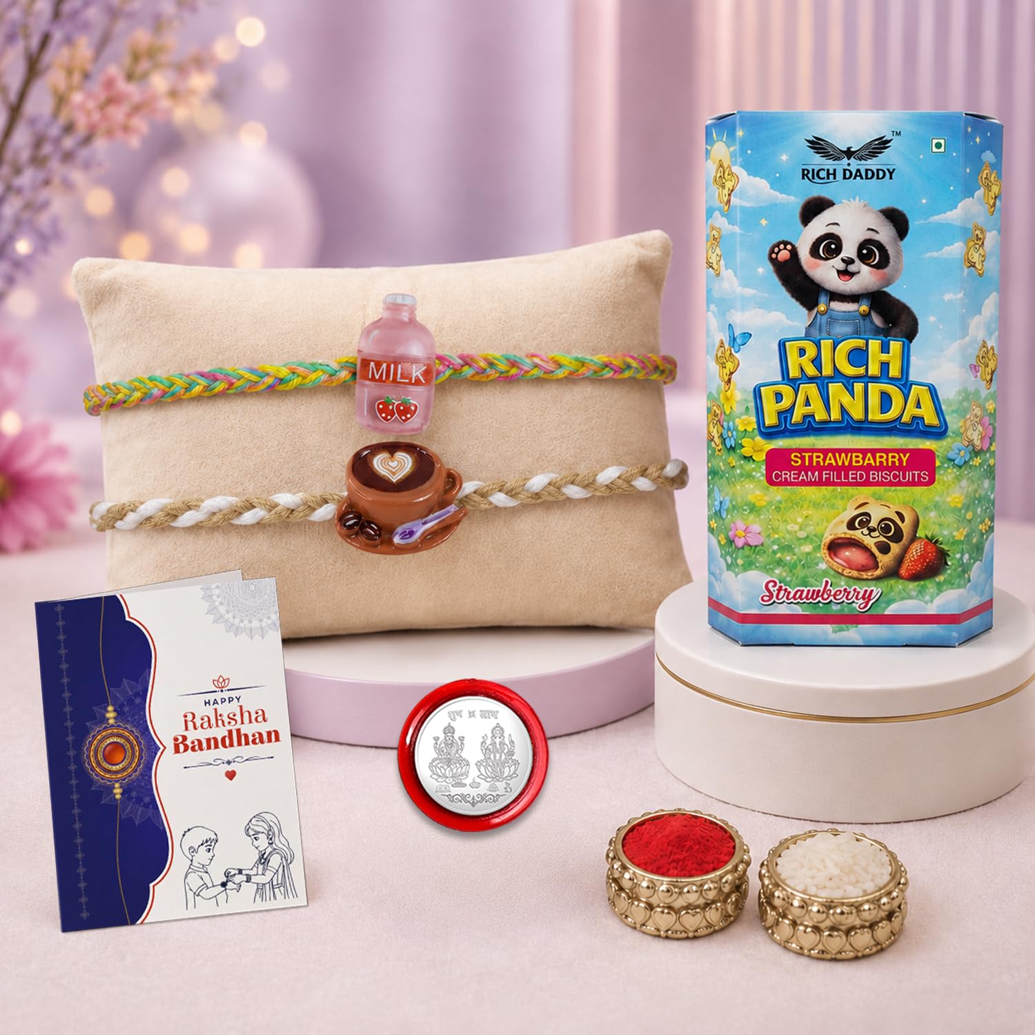 A gift set with a biscuit box, two decorative bracelets on a pillow, a greeting card, a silver coin, and small bowls of