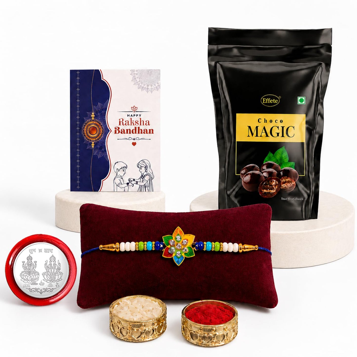 Flower Rakhi for Brother with Choco Magic Pouch, Roli Tikka & Card, Pack of 5