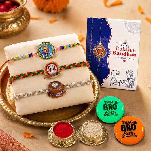 Multicolor Ganesh Charm,Traditional Drum,Coffee Cup Rakhi Combo with Multicolour Decorative Magnets 2pcs, Roli Chawal, Silver Color Coin & Greeting Card, Fancy Rakhi for Brother, Pack of 8 For Raksha Bandhan