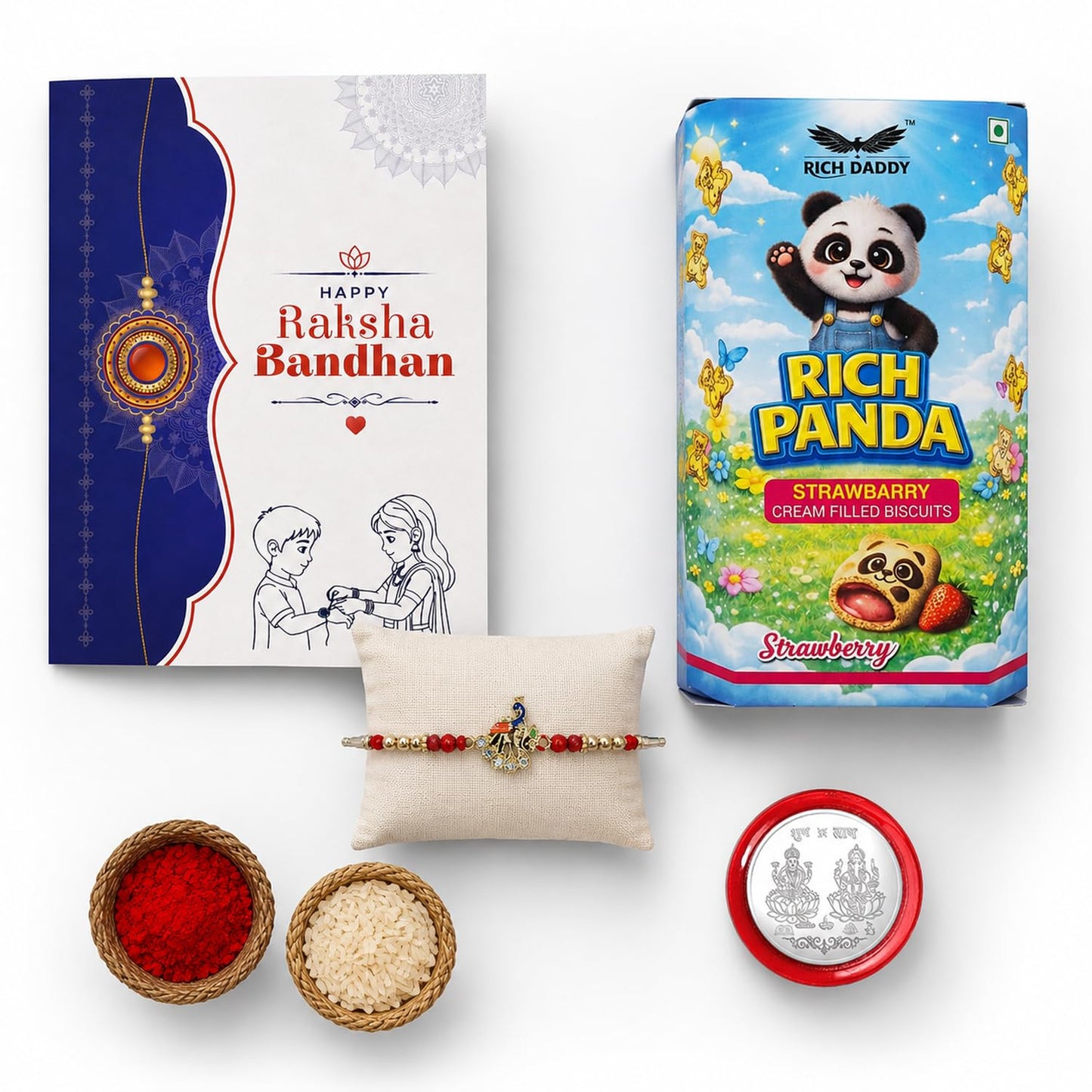 Peacock Rakhi for Brother with Strawberry Biscuit 60gm, Coin & Card, Pack of 5