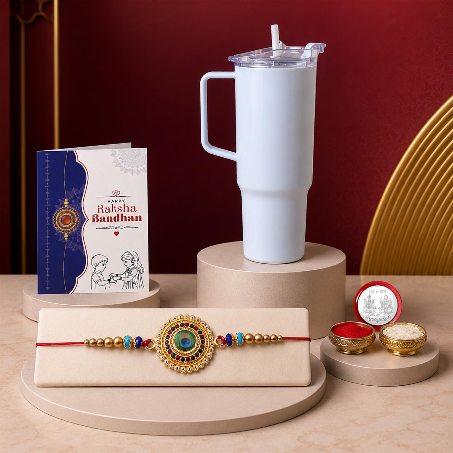 Round Rakhi for Brother with Travel Tumbler - Raksha Bandhan Gift Set, Pack of 5