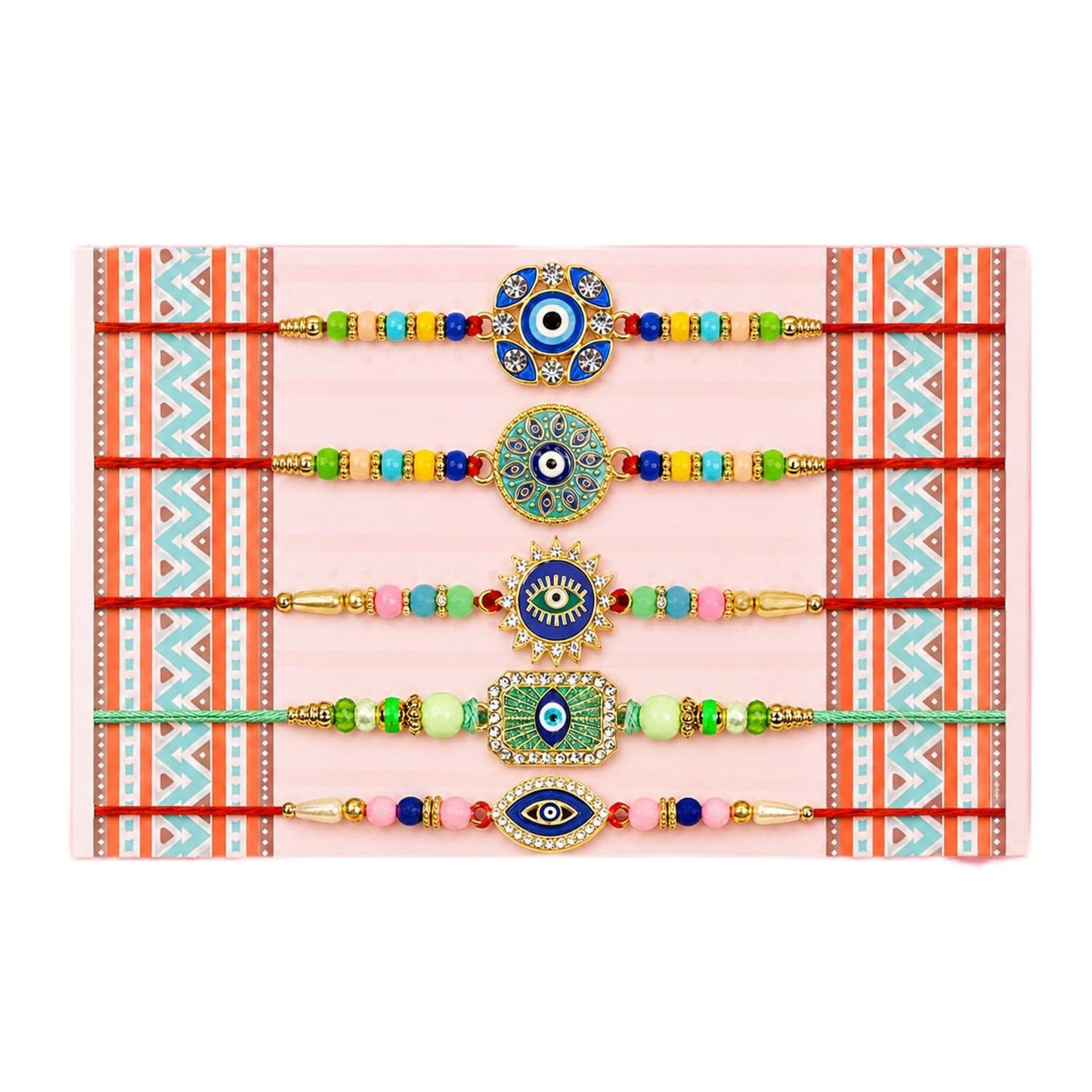 Designer Charming Rakhi for Brother with Roli Tikka, Pooja Coin & Card, Pack of 8