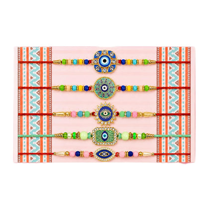Designer Charming Rakhi for Brother with Roli Tikka, Pooja Coin & Card, Pack of 8