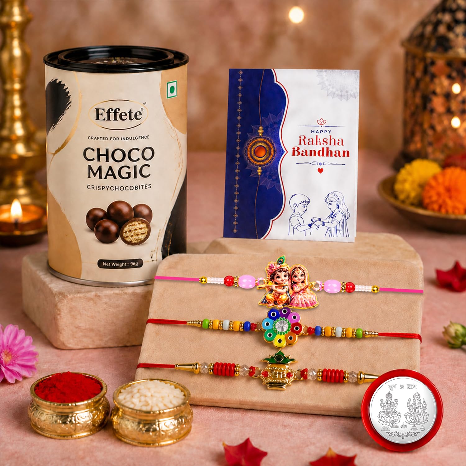 Flower motif Rakhi for Brother with Chocolate Magic 96gm, Coin & Card, Pack of 7