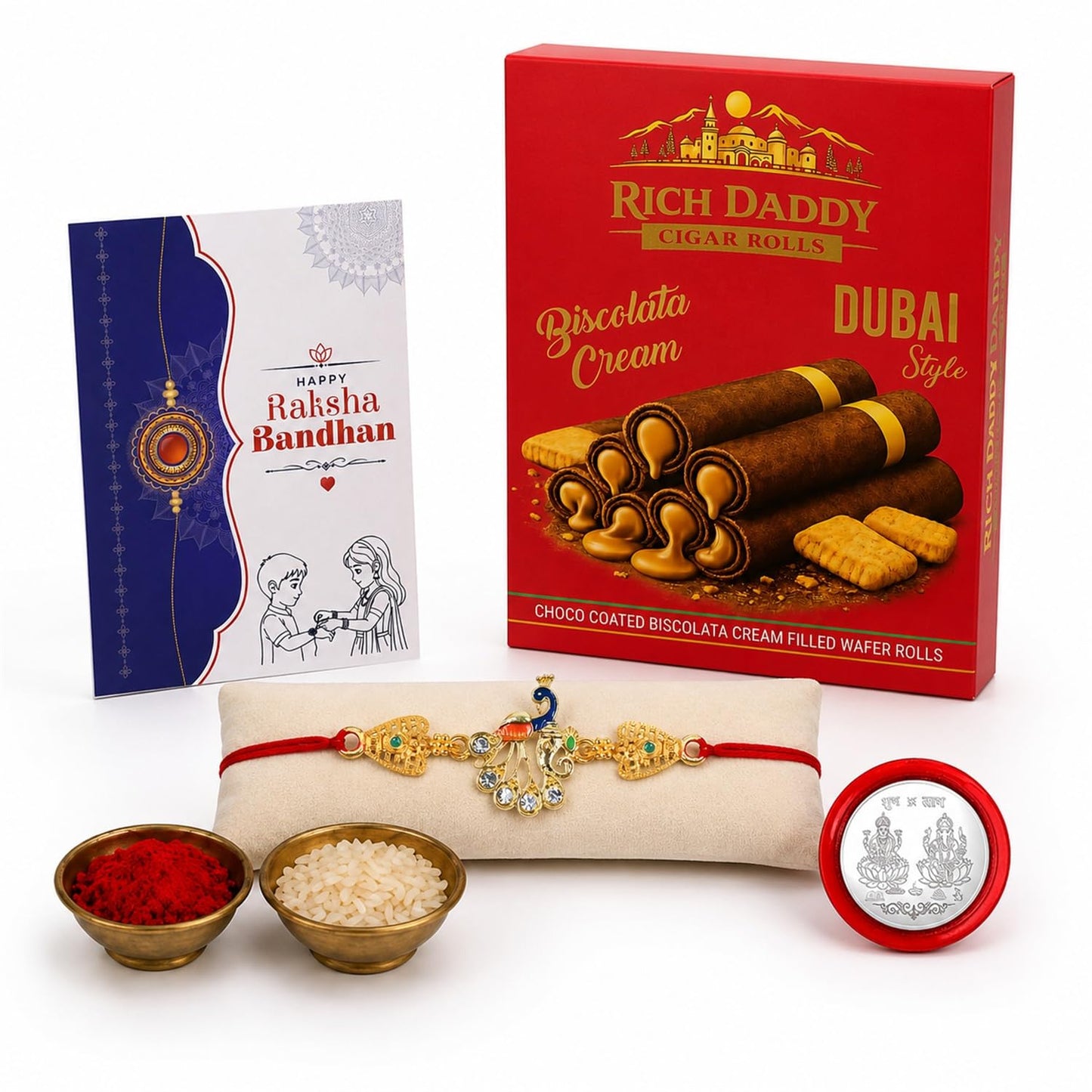 Peacock Multicolor Rakhi – Biscolata Cream Wafer Roll Gift Combo Gift Set (Pack of 5) For Raksha Bandhan
