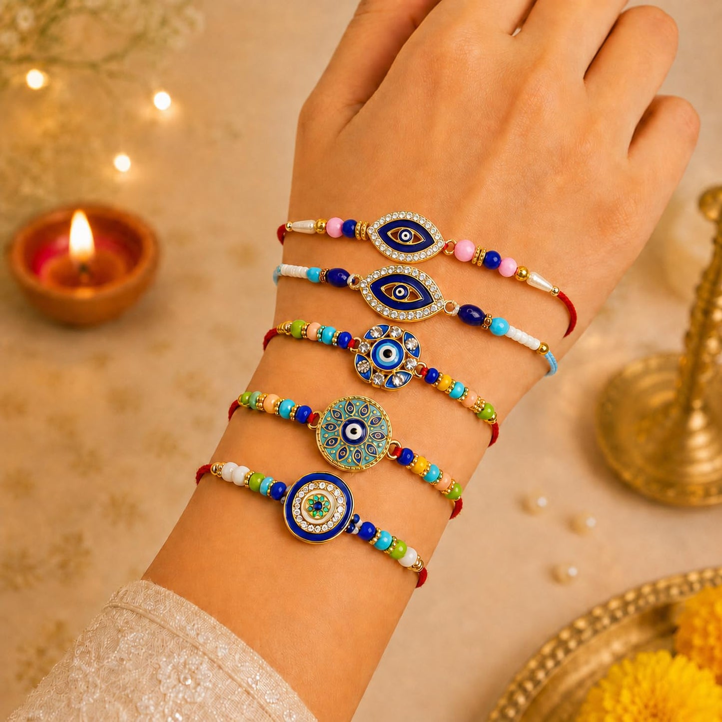 Designer Stylish Rakhi for Brother with Roli Tikka, Pooja Coin & Card, Pack of 8
