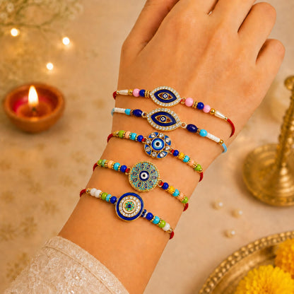 Designer Stylish Rakhi for Brother with Roli Tikka, Pooja Coin & Card, Pack of 8
