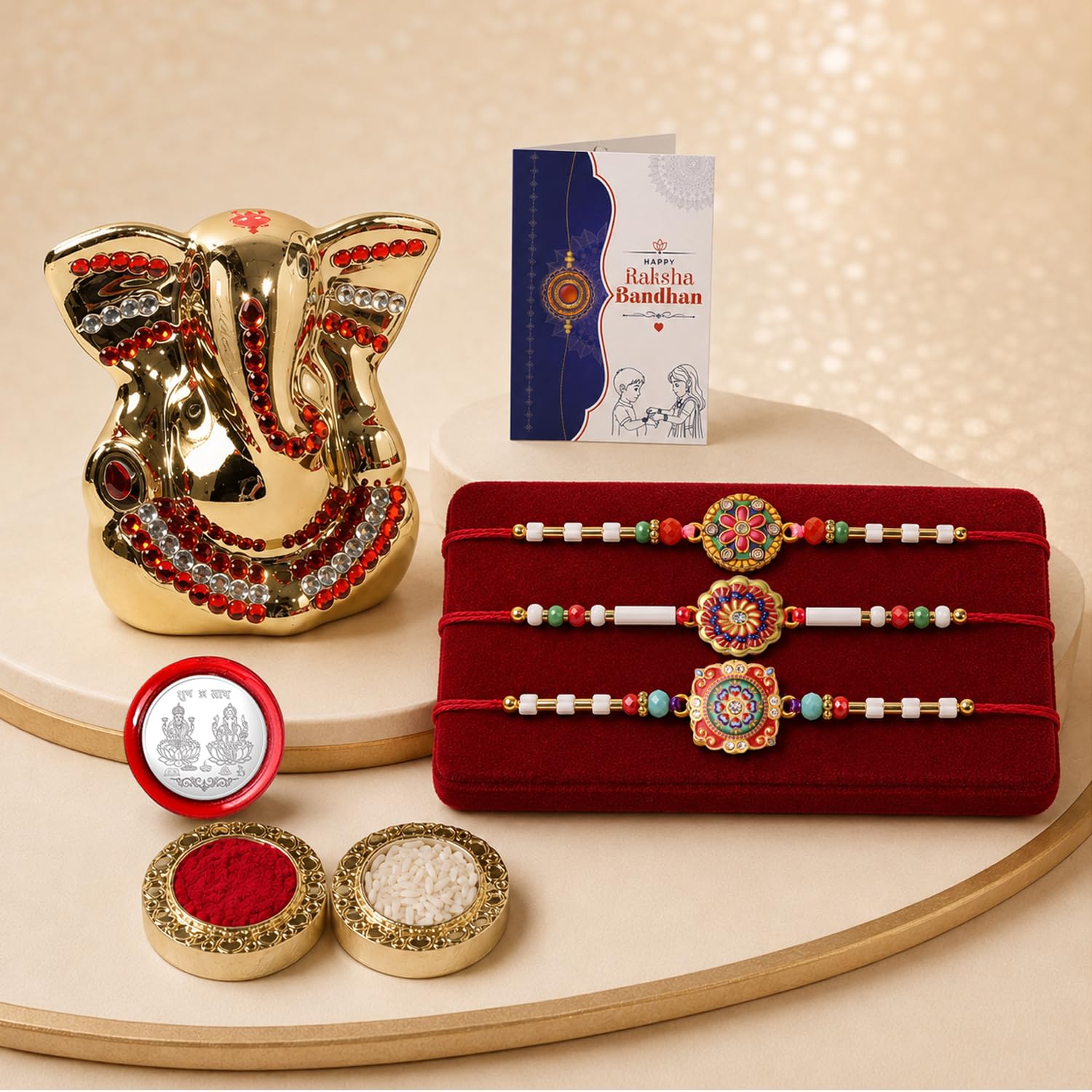 Multicolor Rakhi for Brother with Ganesh Idol - Rakshabandhan Gift Set, Pack of 7
