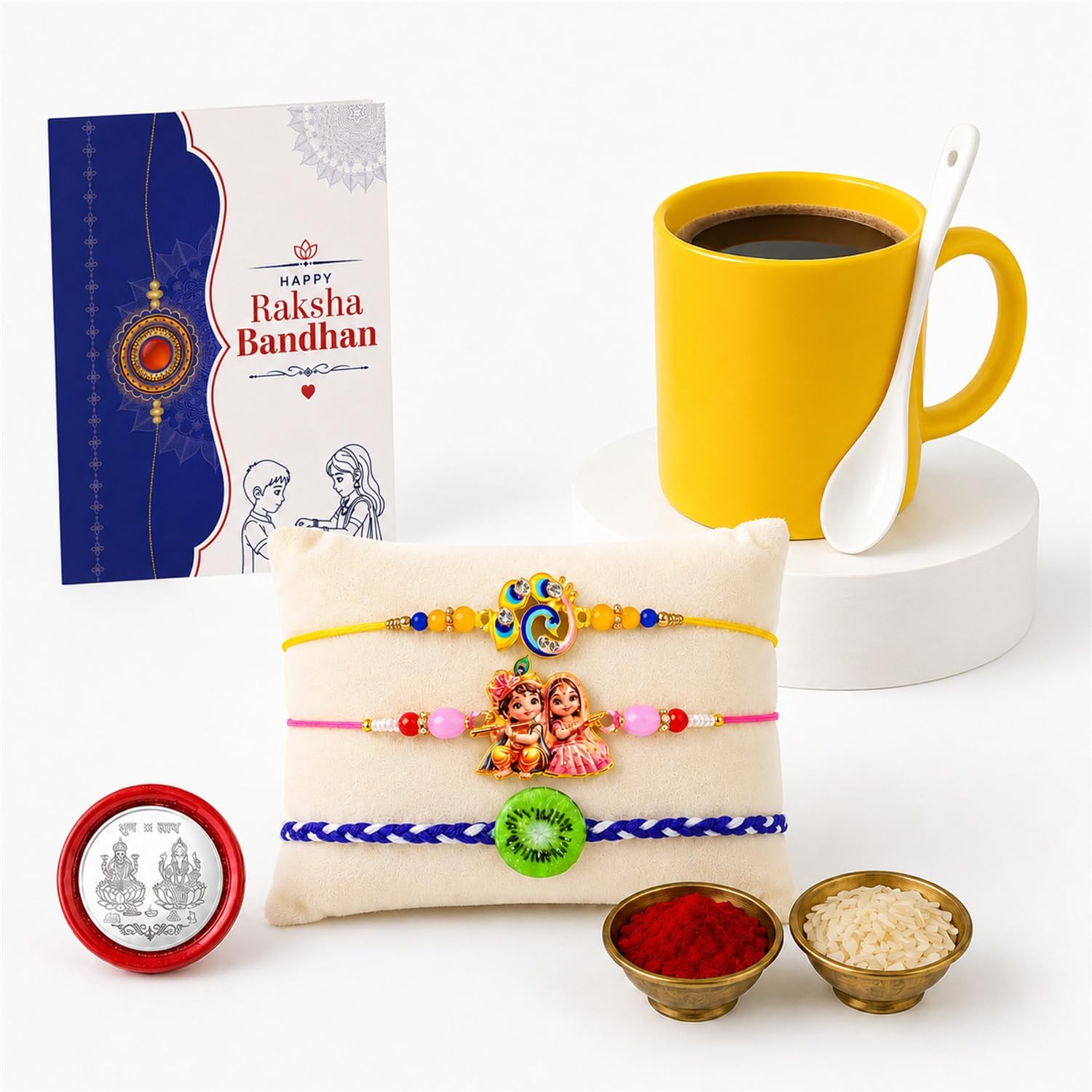 Multicolor Rakhi & Coffee Mug – Raksha Bandhan Gift Combo for Bhai Set (Pack of 7)