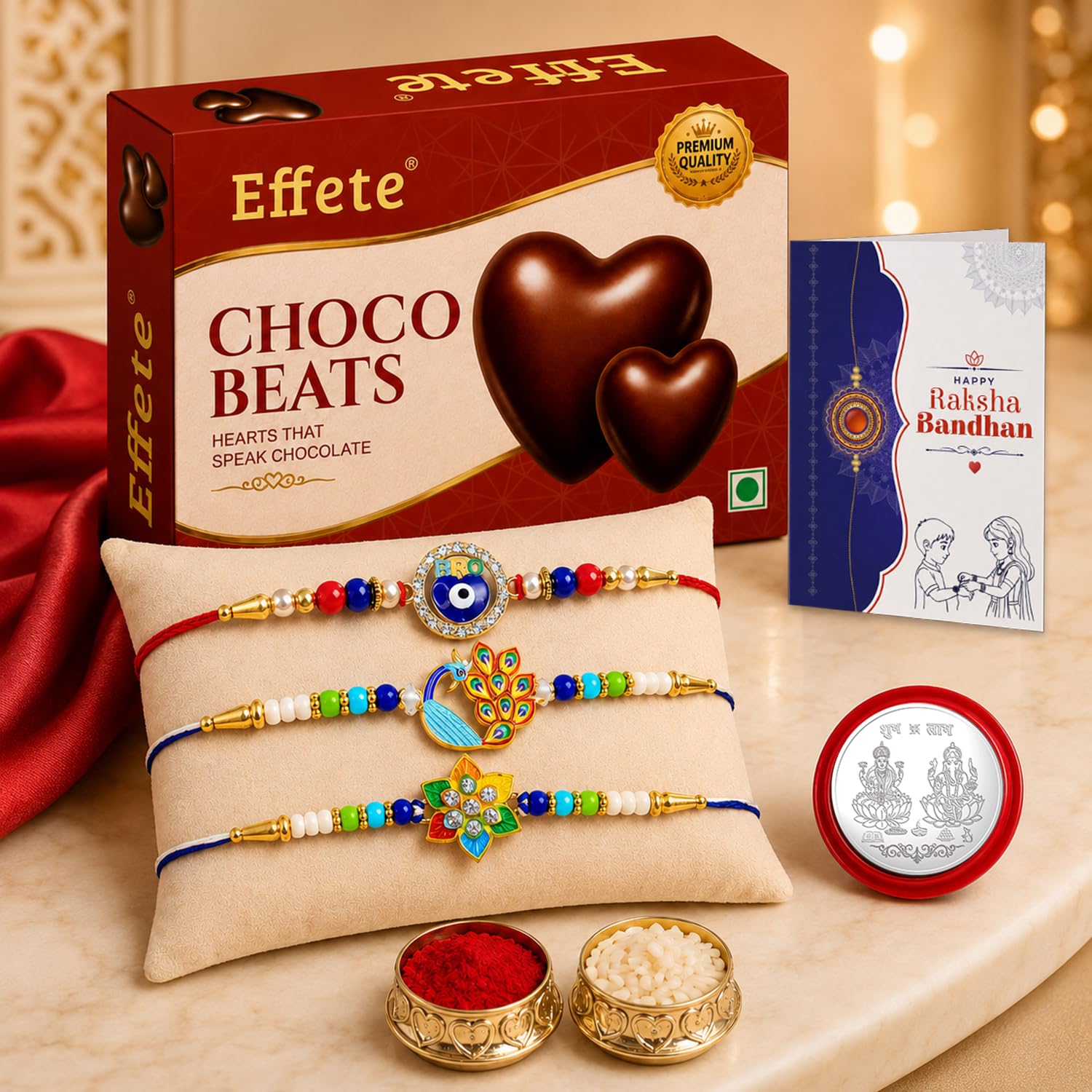 Flower, Evil Eye Rakhi Combo - Raksha Bandhan Gift with Choco Beats 32gm, Pack of 7