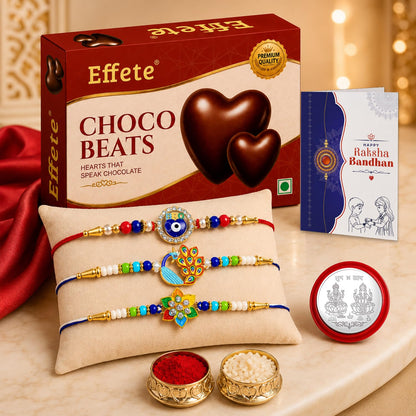 Flower, Evil Eye Rakhi Combo - Raksha Bandhan Gift with Choco Beats 32gm, Pack of 7