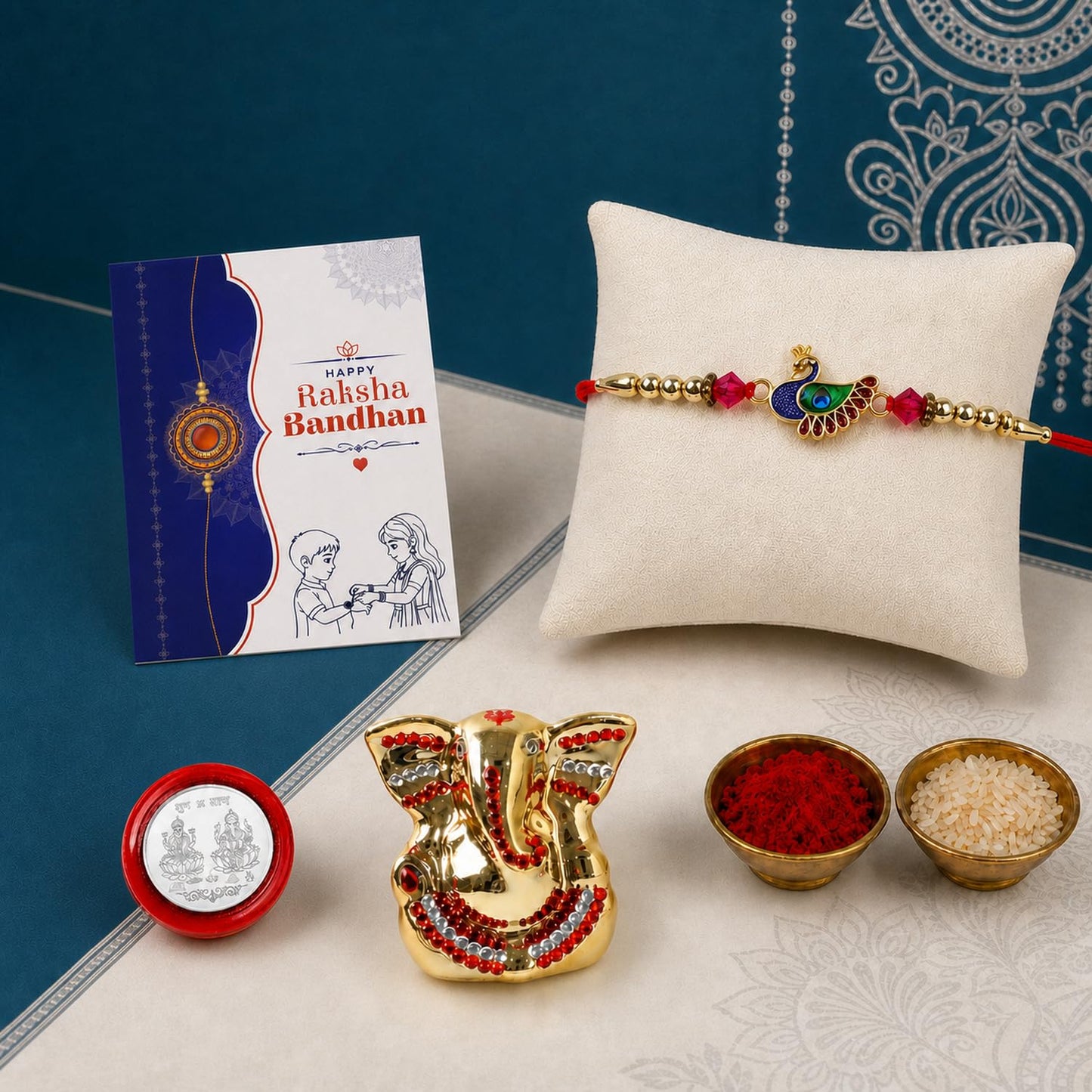 Rakhi for Brother – Raksha Bandhan Gift Combo with Peacock Design Rakhi, Ganesh