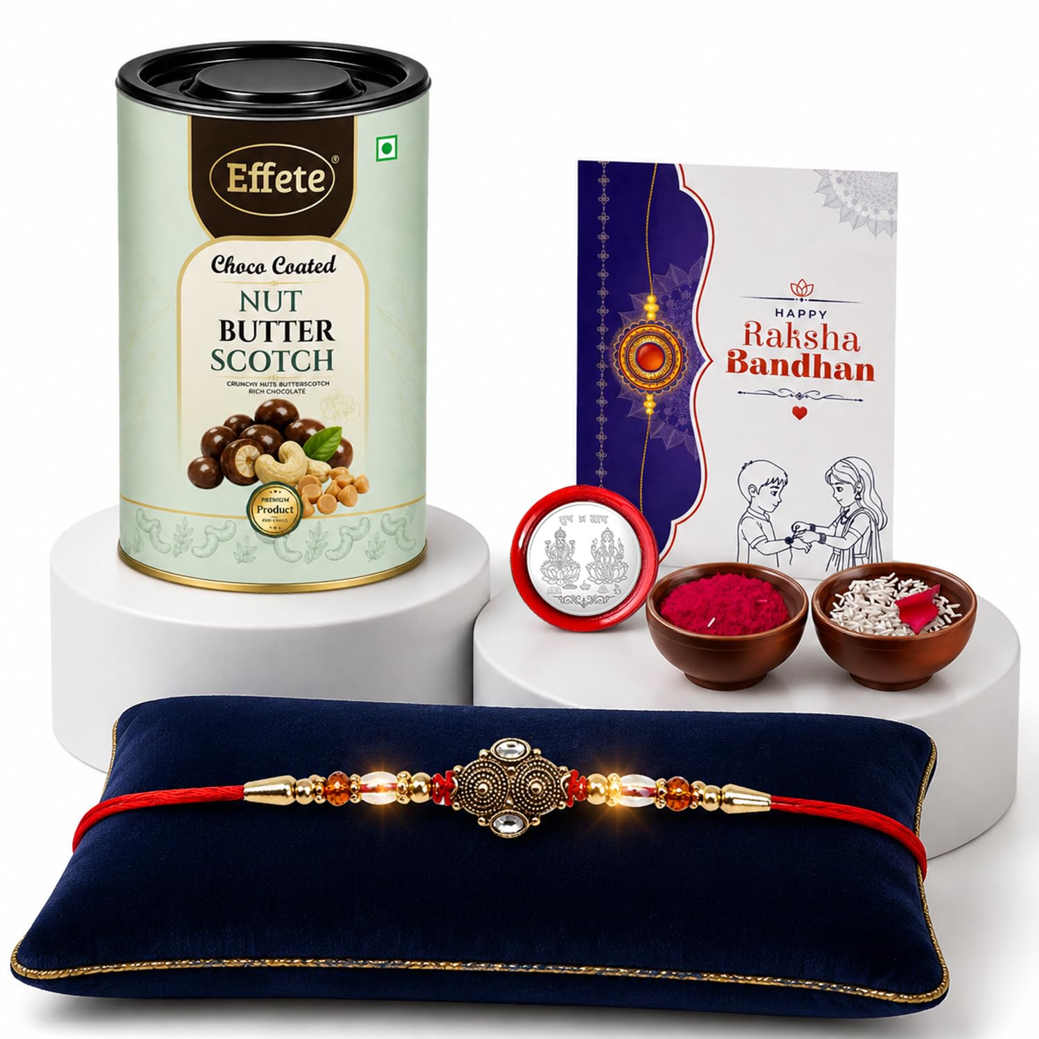 Antique Rakhi for Brother with Butter Scotch 96gm, Roli Tikka & Card, Pack of 5