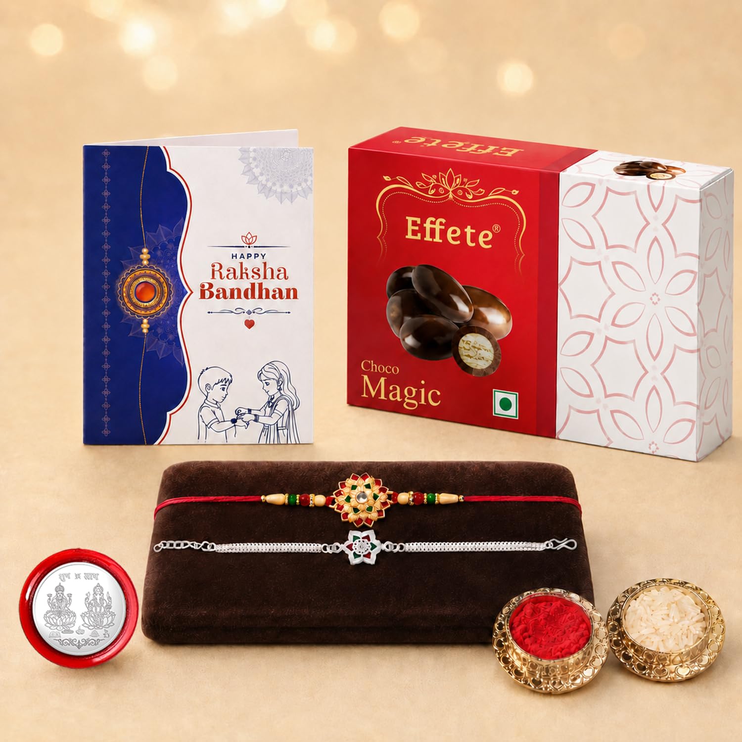 Flower Rakhi for Brother with Chocolate Magic 32gm, Roli Tikka & Card | Pack of 6