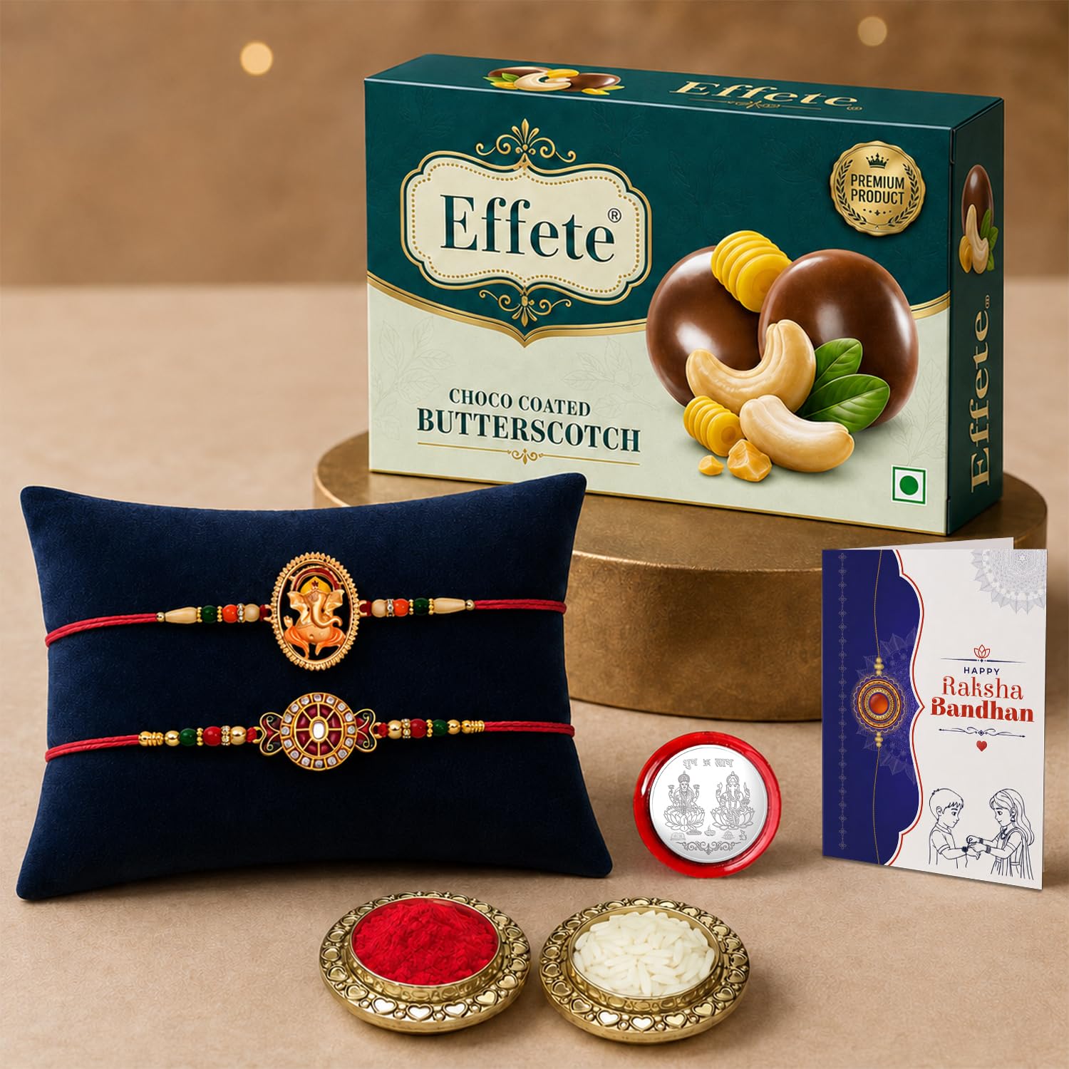Ganesha Rakhi for Brother with Butter Scotch 32gm, Roli Tikka & Card | Pack of 6
