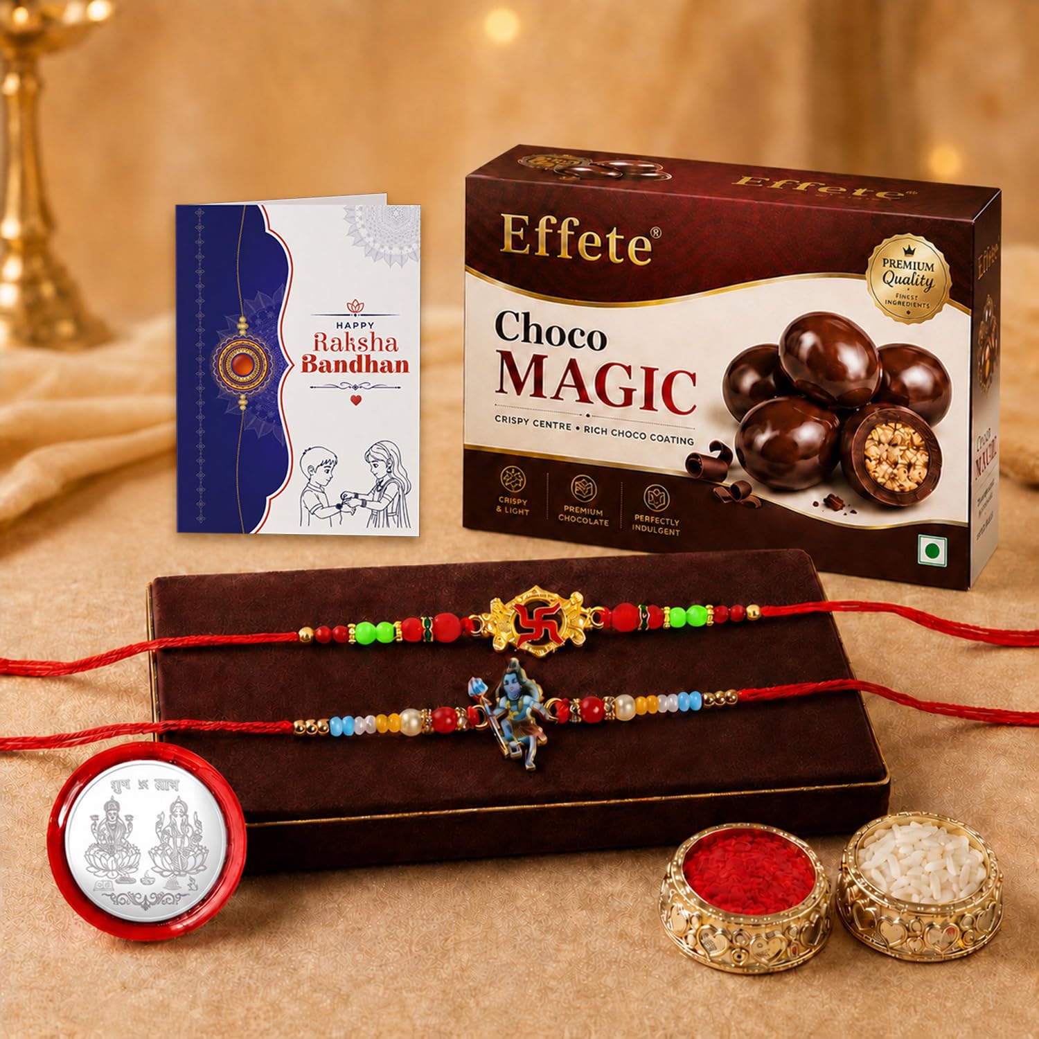 Rakhi with Chocolate for Brother (Set of 6) – Raksha Bandhan Festival Celebration Combo with Shiv Ji & Swastik Design Rakhi, Chocolate, Roli Chawal, Silver Color Pooja Coin & Greeting Card