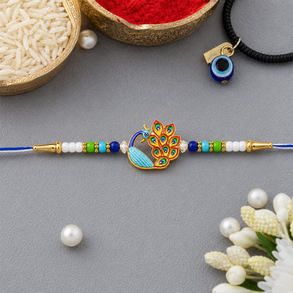Peacock Rakhi for Brother with Choco Magic Pouch, Roli Tikka & Card | Pack of 5
