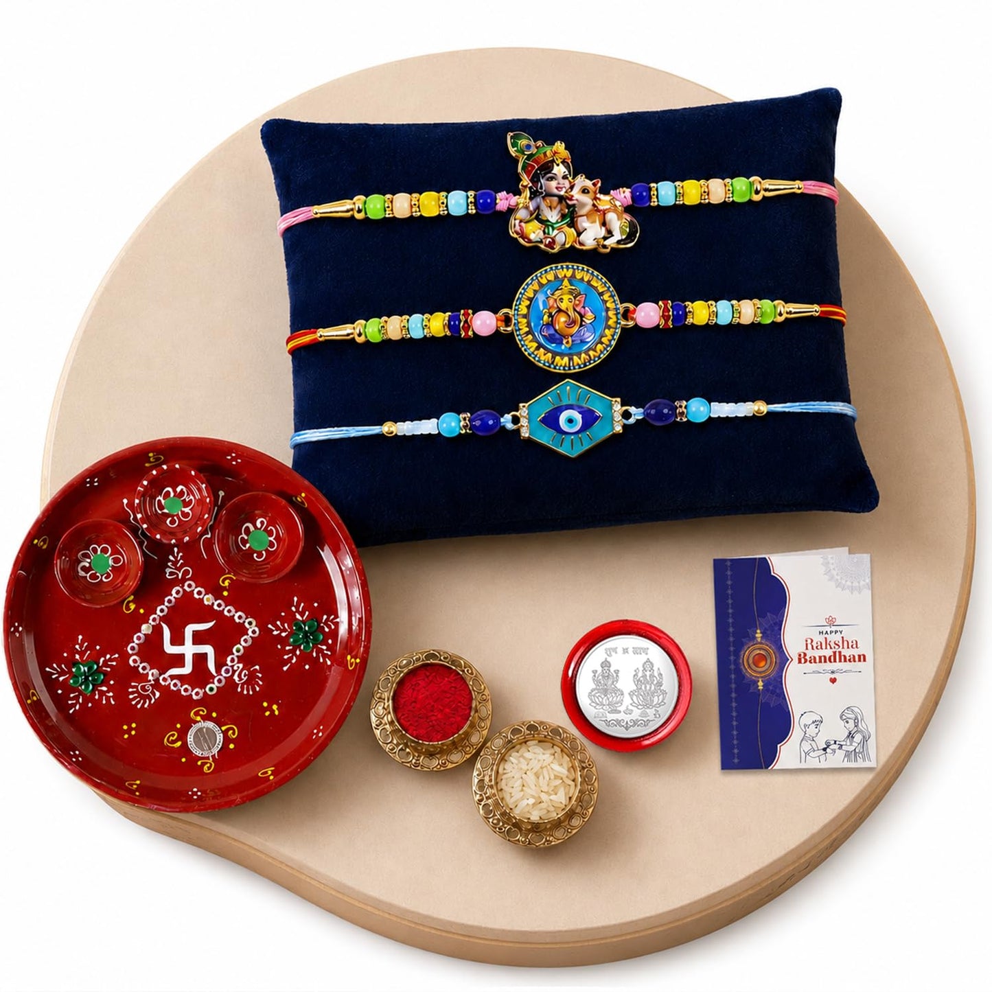 Designer Multicolor Krishna, Ganesh & Evil Eye Rakhi Combo | Pack of 7
