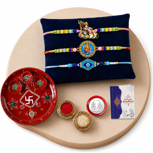 Designer Multicolor Krishna, Ganesh & Evil Eye Rakhi Combo | Pack of 7