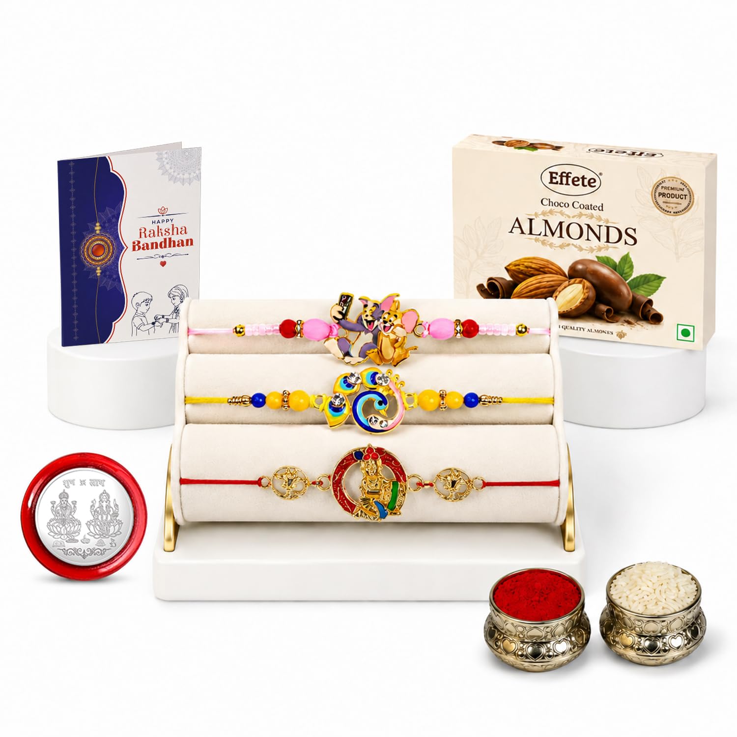 Cartoon Rakhi for Brother with Choco Almonds 32gm, Roli Tikka & Card, Pack of 7