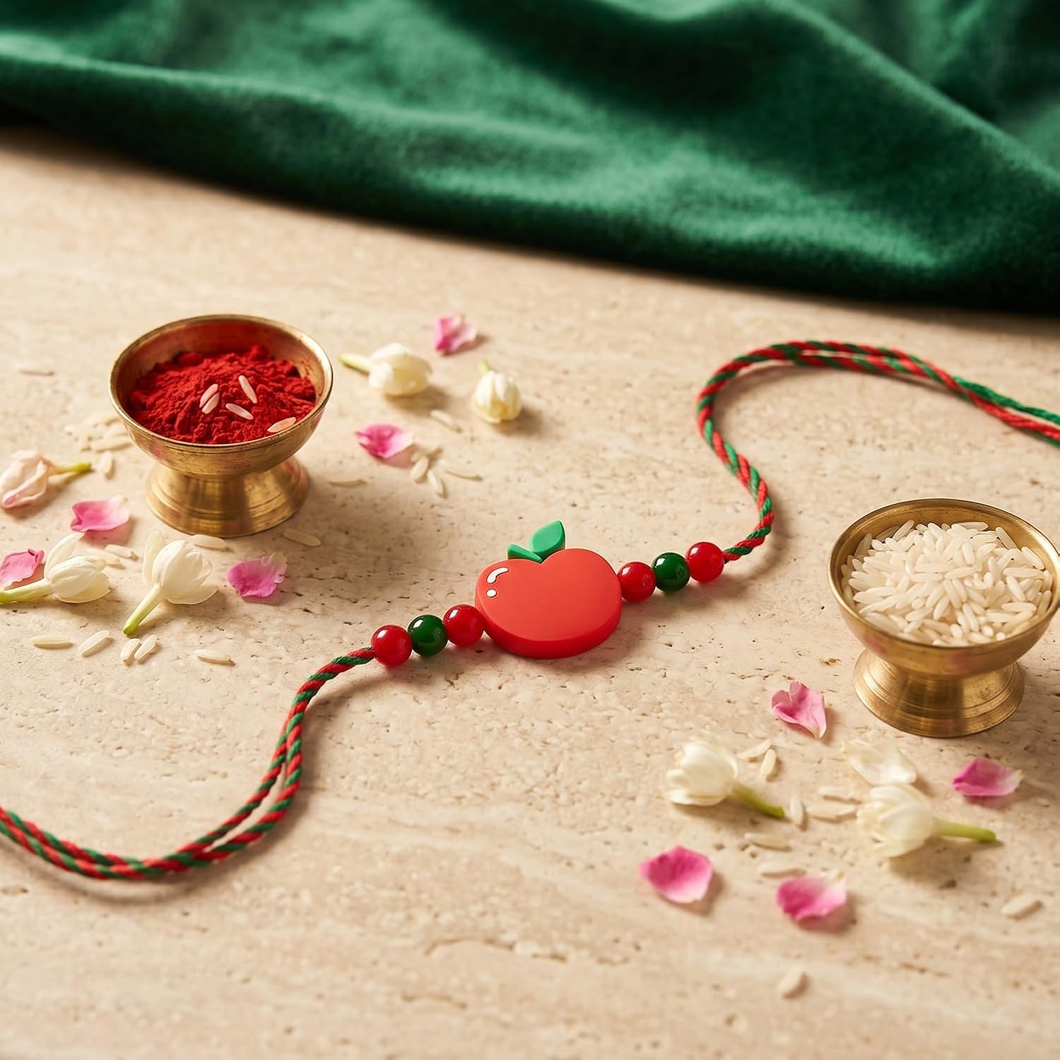 A red and green bracelet with an apple charm is surrounded by small brass bowls of red powder and white rice, with scattered