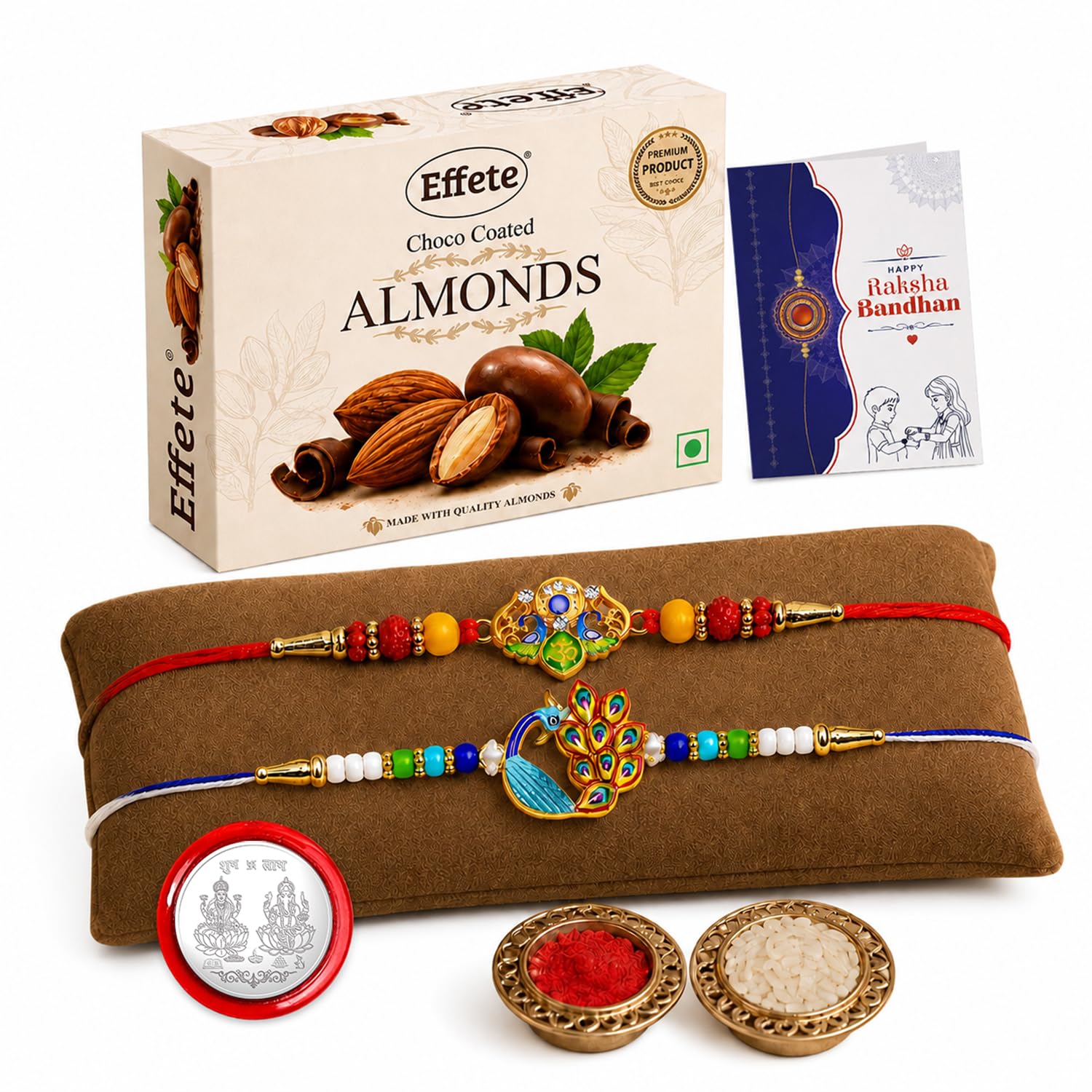 Trishul, Peacock Rakhi Combo - Raksha Bandhan Gift with Choco Almonds 32gm, Pack of 6