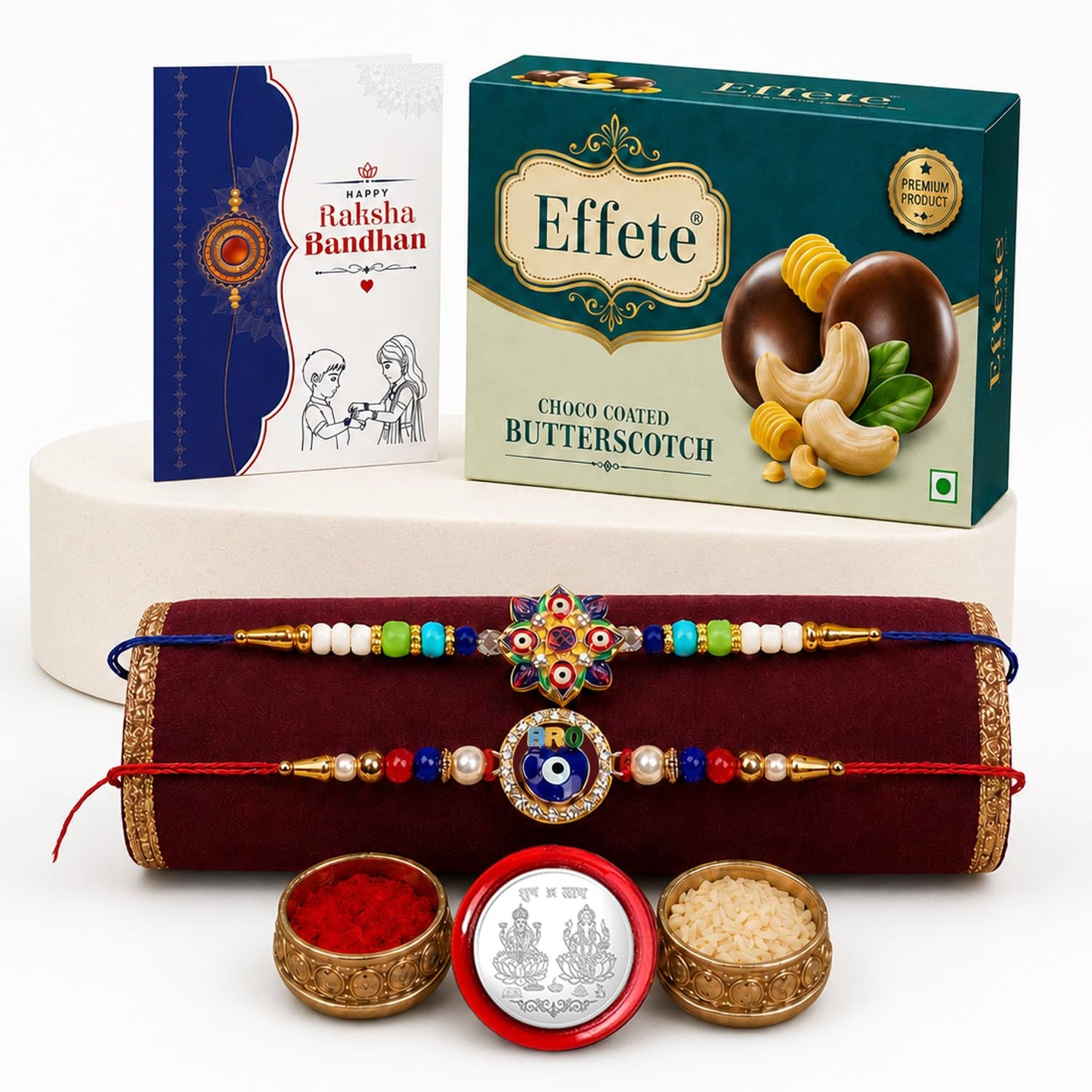 Evil Eye, OM Rakhi Combo - Raksha Bandhan Gift with Choco Butterscotch 32gm, Pack of 6