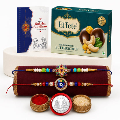 Evil Eye, OM Rakhi Combo - Raksha Bandhan Gift with Choco Butterscotch 32gm, Pack of 6