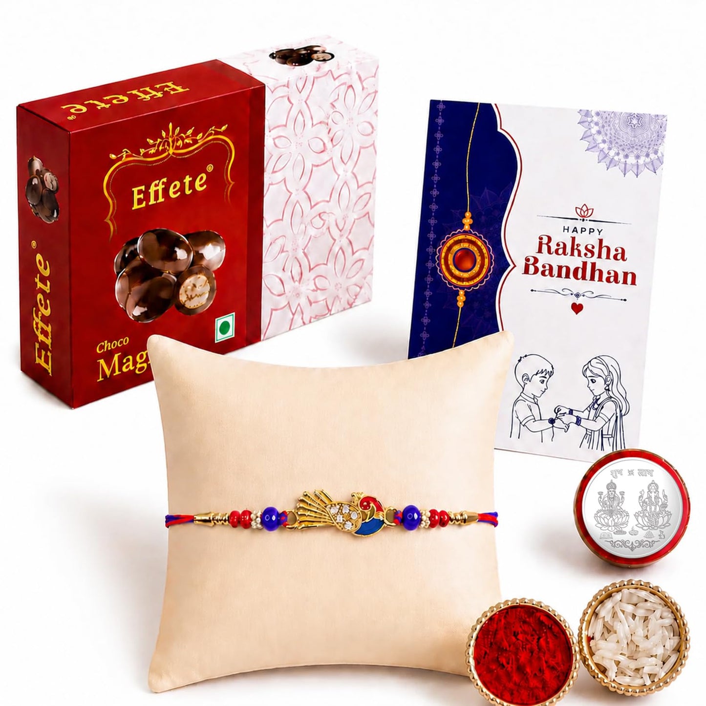Peacock Rakhi for Brother with Choco Magic 32gm, Roli Chawal & Card | Pack of 5