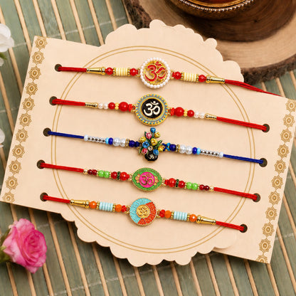 Elegant Sacred Rakhi for Brother with Roli Tikka, Pooja Coin & Card, Pack of 8