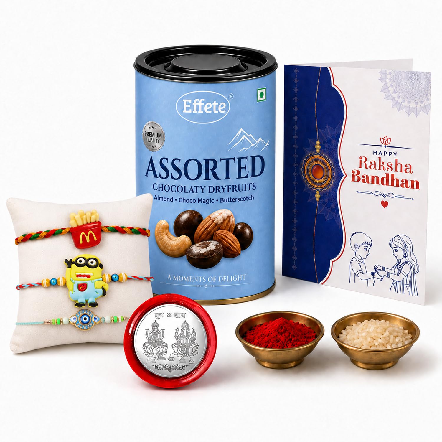 Fast Food Rakhi for Brother with Choco Dryfruits 96gm, Coin & Card, Pack of 7