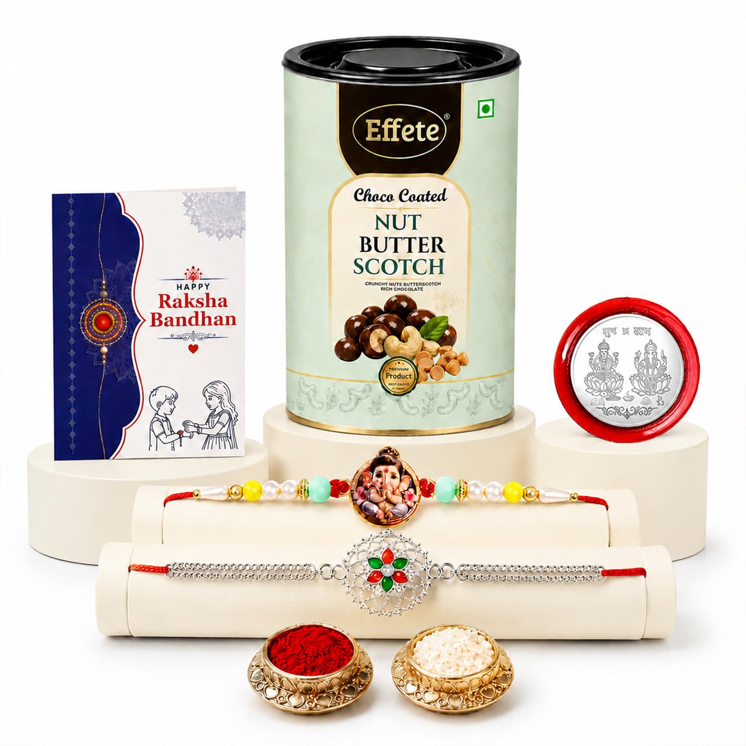 Rakhi with Chocolate for Brother (Set of 6) – Raksha Bandhan Festival Celebration Combo with Ganesha & Silver Color Rakhi, Chocolate, Roli Chawal, Silver Color Pooja Coin & Greeting Card