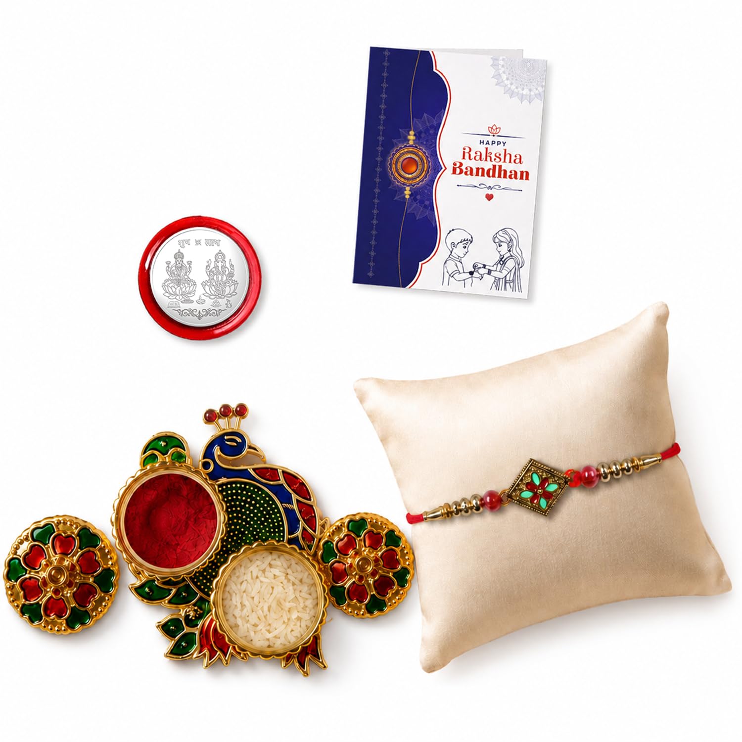 Close up of the intricately designed multicolor floral rakhi.
