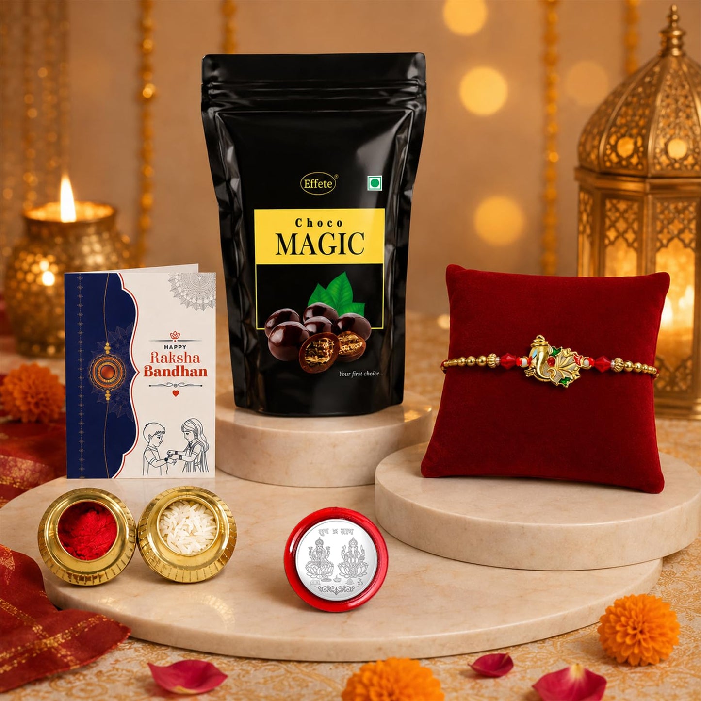 Ganesh Ji Rakhi for Brother with Choco Magic Pouch, Roli Chawal & Card, Pack of 5