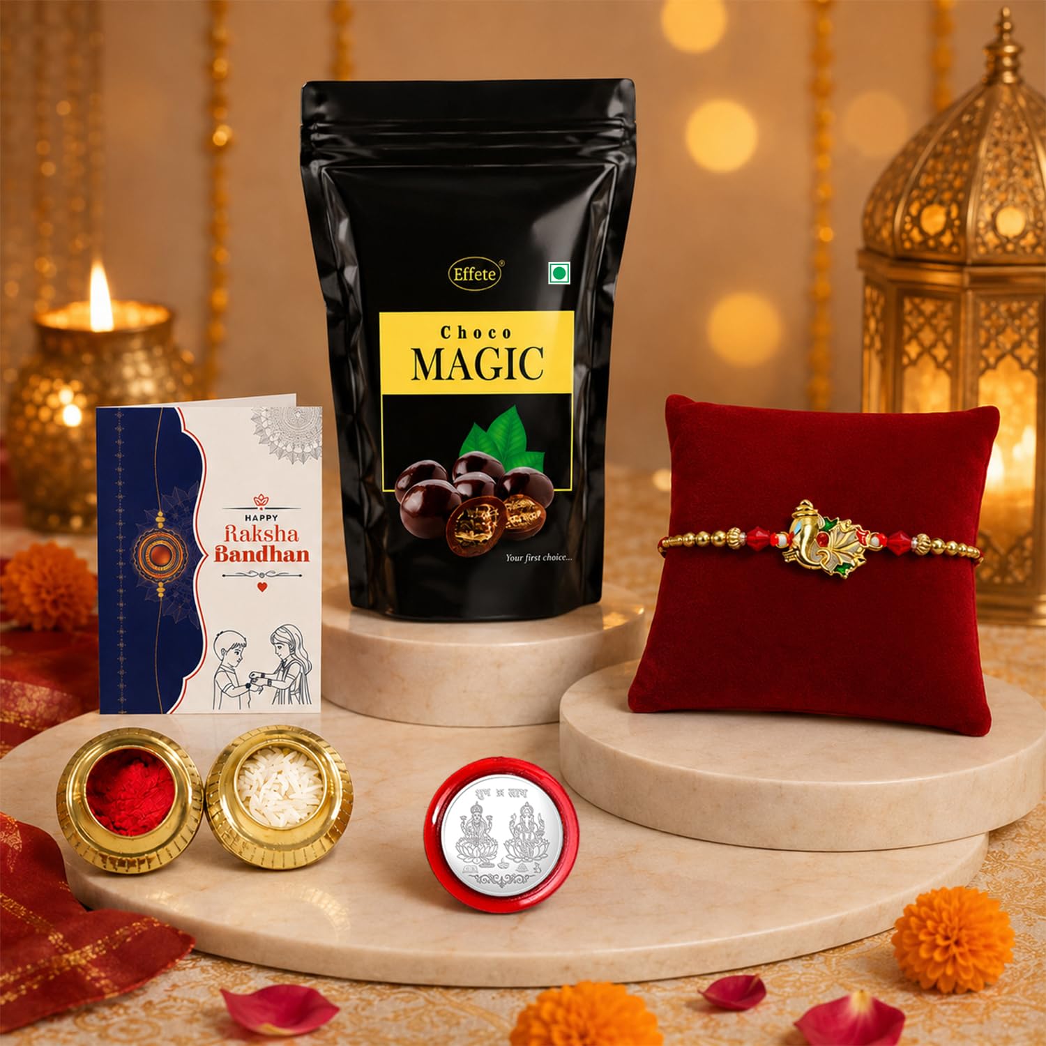 Ganesh Ji Rakhi for Brother with Choco Magic Pouch, Roli Chawal & Card, Pack of 5