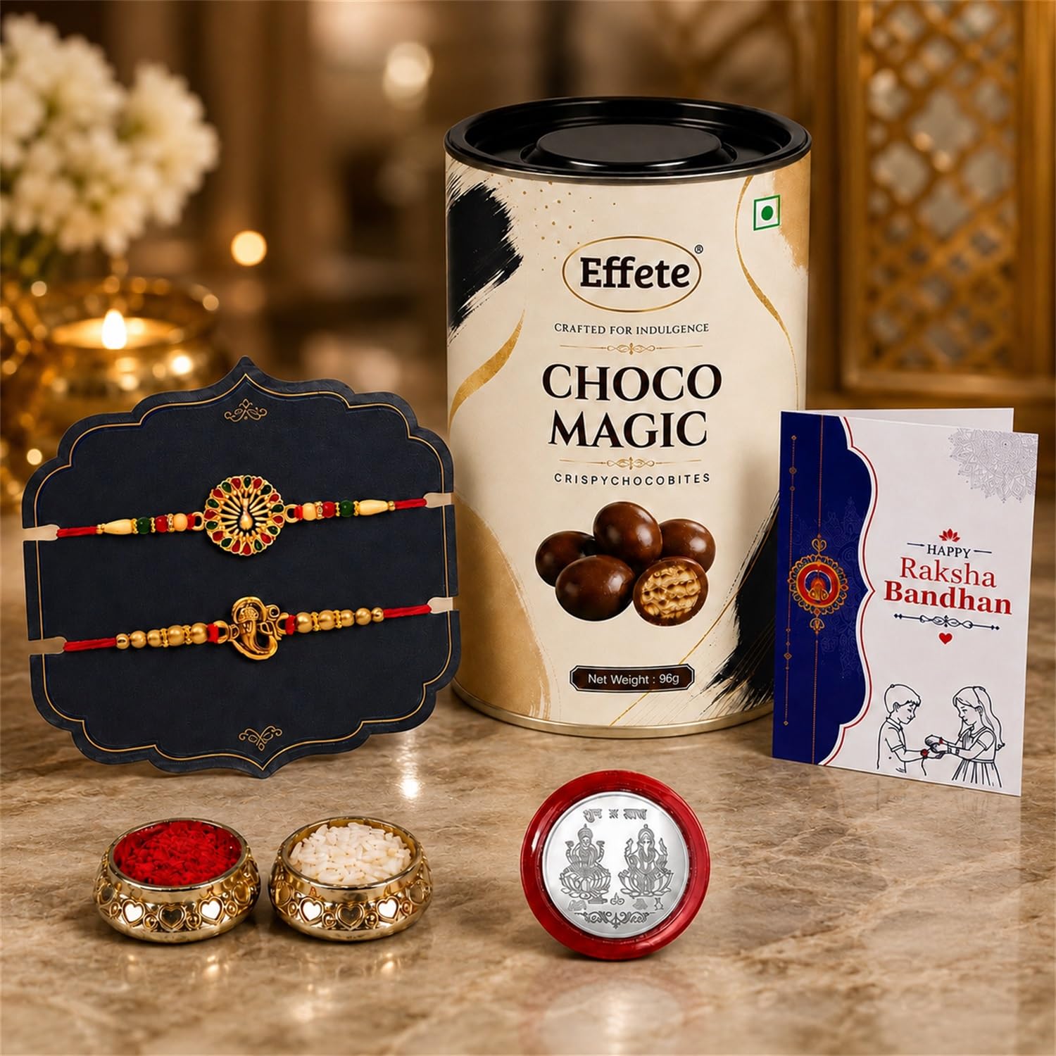 Peacock Rakhi for Brother with Chocolate 96gm - Rakshabandhan Gift Set, Pack of 6
