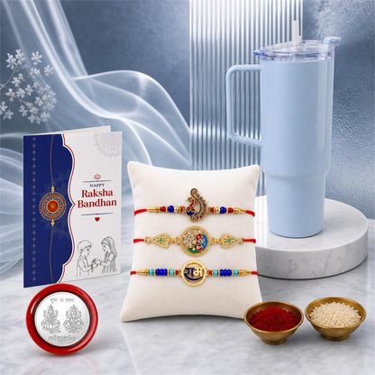 Peacock, Ram Rakhi Combo - Raksha Bandhan Gift with Travel Tumbler 1800ml, Pack of 7