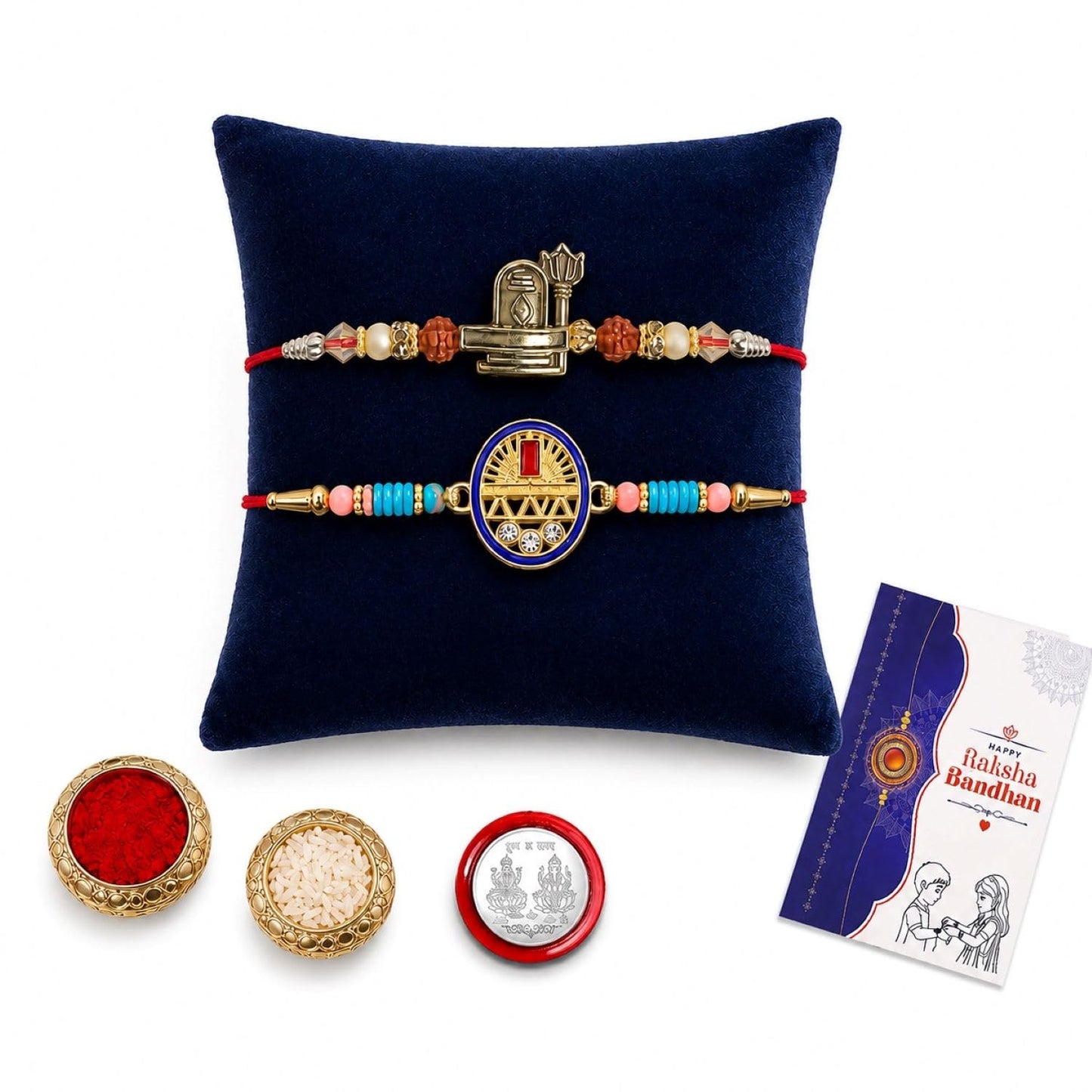 Ganesha Beads Rakhi for Brother with Tilak Set, Pooja Coin & Card, Rakhi Set (V6)