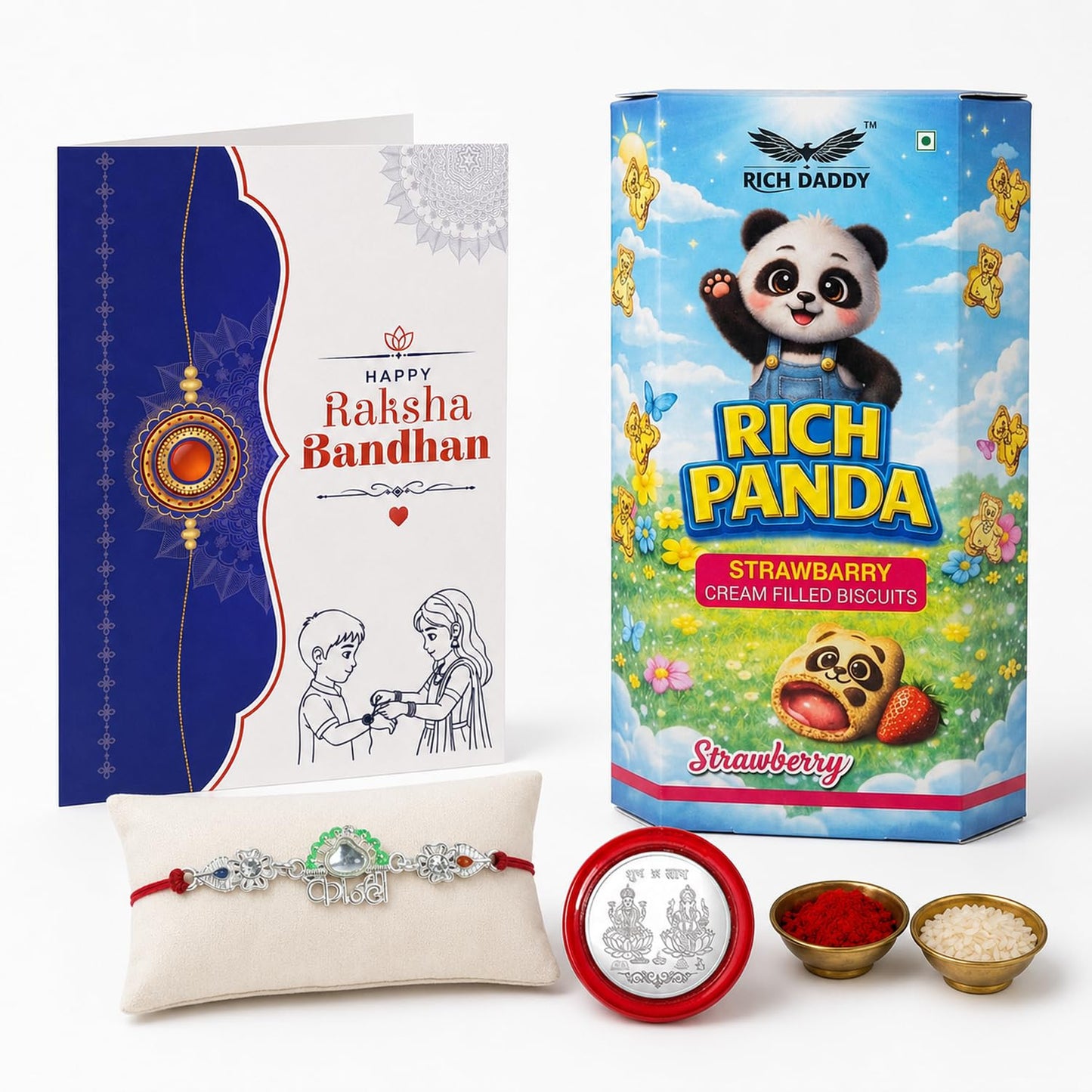 Kanha Rakhi for Brother with Strawberry Biscuit 60gm, Coin & Card, Pack of 5