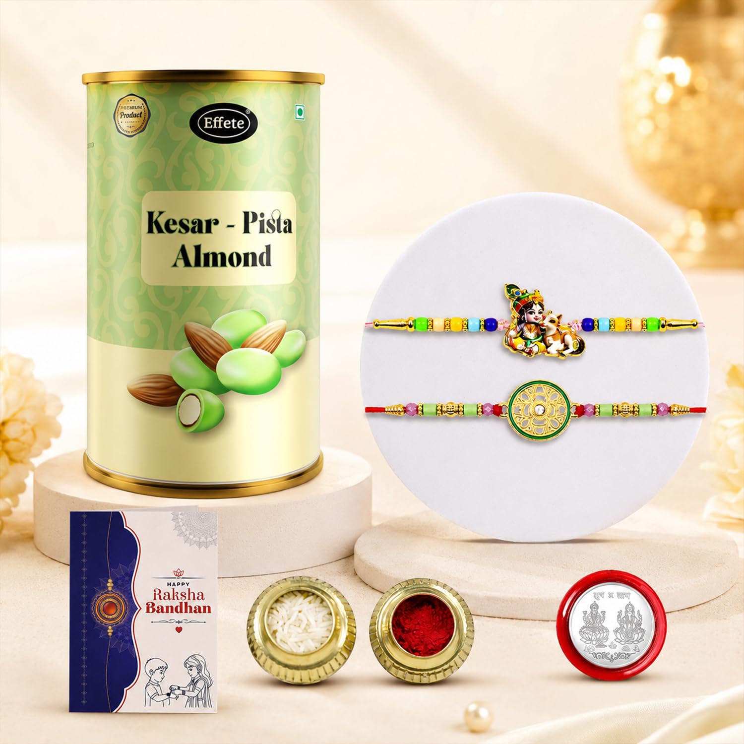 Auspicious Ceremony Rakhi for Brother with Kesar-Pista Almond 96gm, Pack of 6