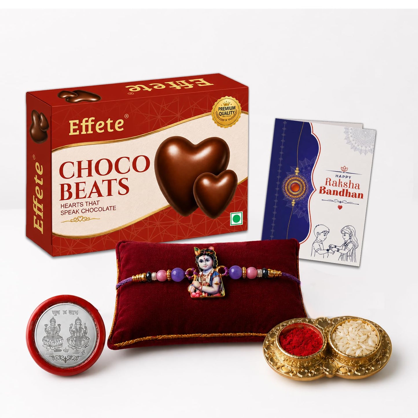 Krishna Rakhi for Brother with Chocolate Beats 32gm, Roli Tikka & Card, Pack of 5