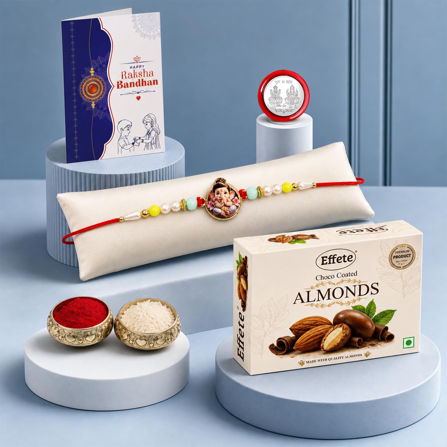 Little Ganesha Rakhi for Brother with Choco Almonds 32gm, Coin & Card, Pack of 5