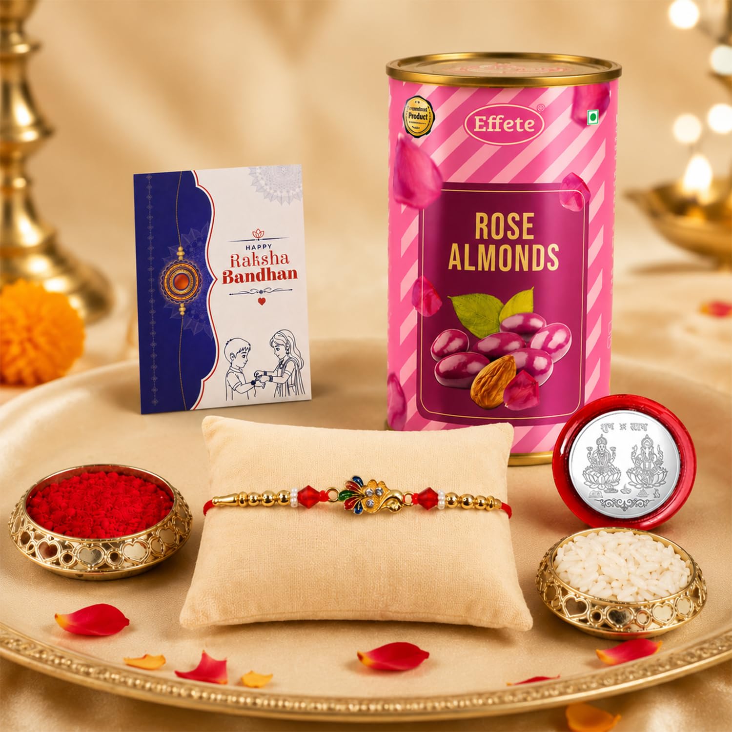 Peacock Rakhi for Brother with Rose Almond 96gm, Roli Tikka & Card, Pack of 5