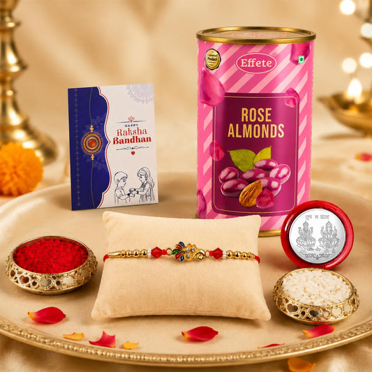 Peacock Rakhi for Brother with Rose Almond 96gm, Roli Tikka & Card, Pack of 5