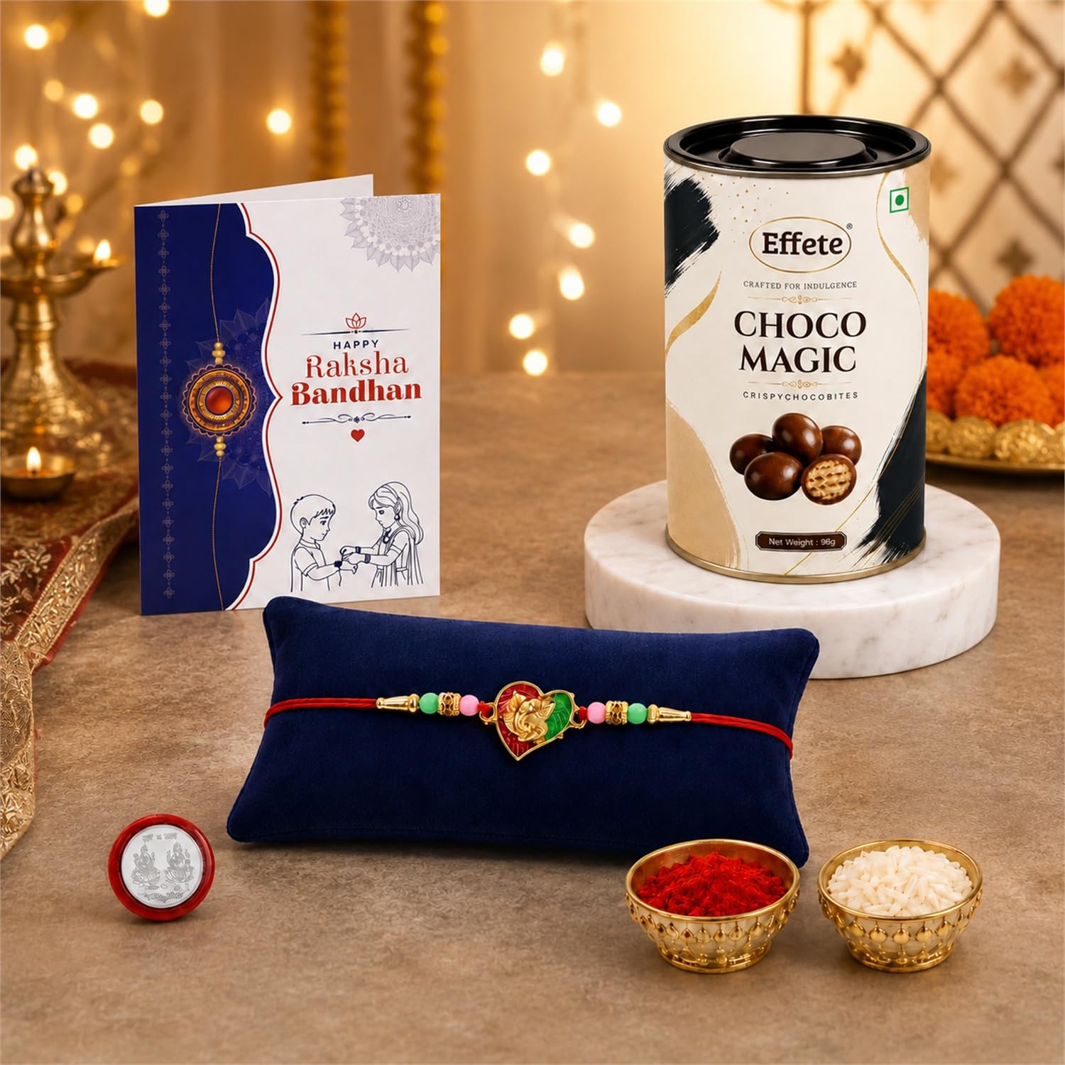 Ganesha Rakhi for Brother with Chocolate Magic 96gm, Roli Tikka & Card, Pack of 5