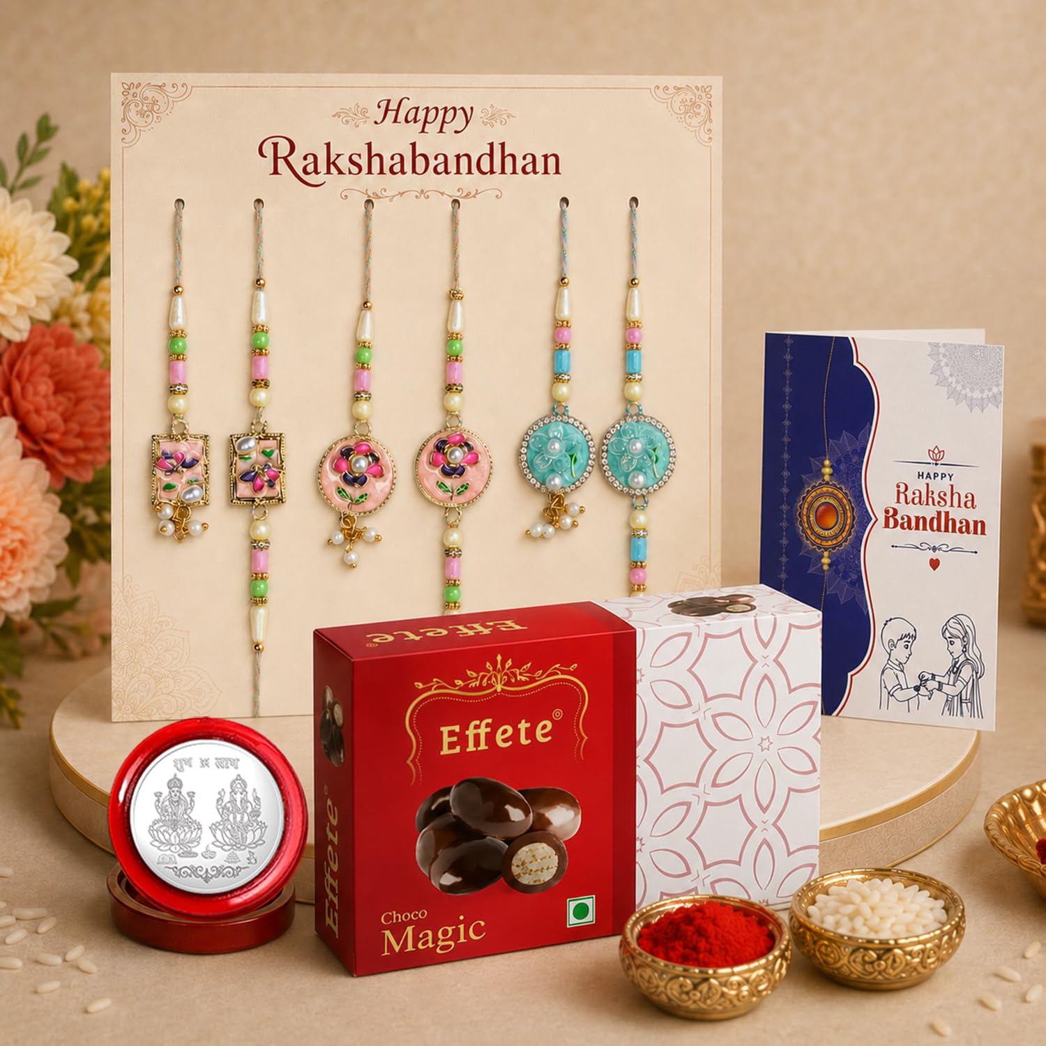 Designer Rakhi for Brother with Choco Magic 32gm, Roli Tikka & Card, Pack of 7
