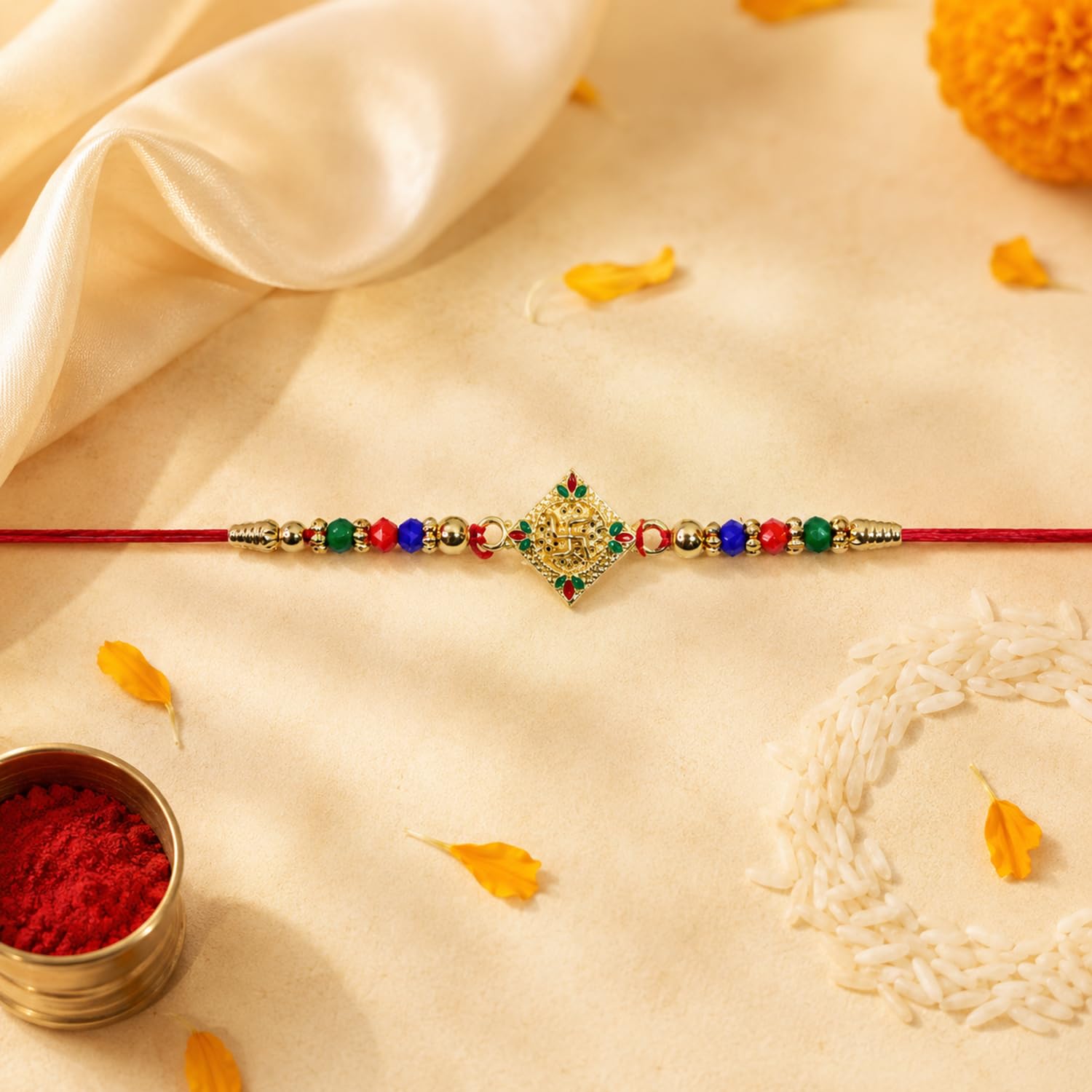 Elegant Rakhi for Brother with Choco Dryfruits 96gm, Coin & Card, Pack of 5