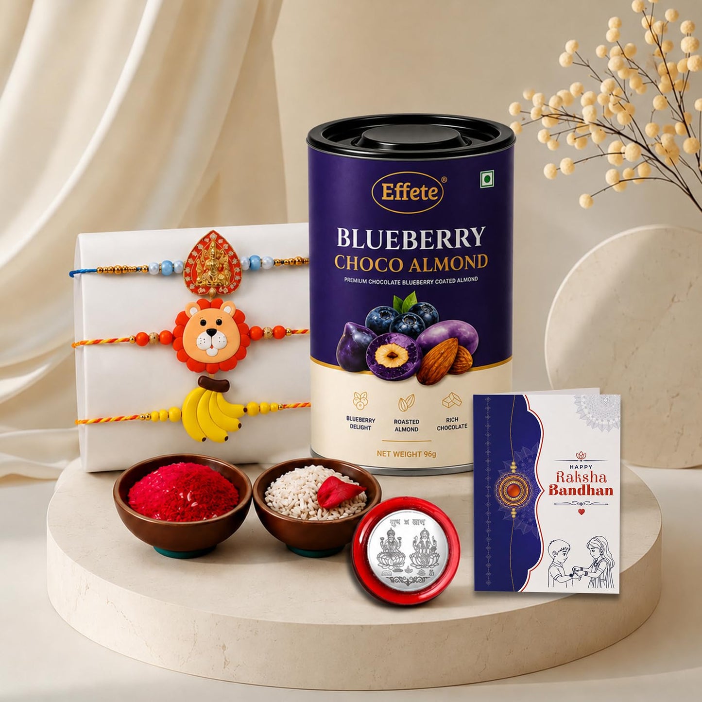 Heart-shaped Rakhi for Brother with Blueberry Almond 96gm, Coin & Card, Pack of 7