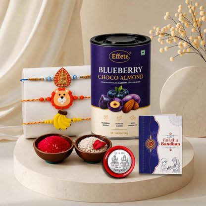 Heart-shaped Rakhi for Brother with Blueberry Almond 96gm, Coin & Card, Pack of 7